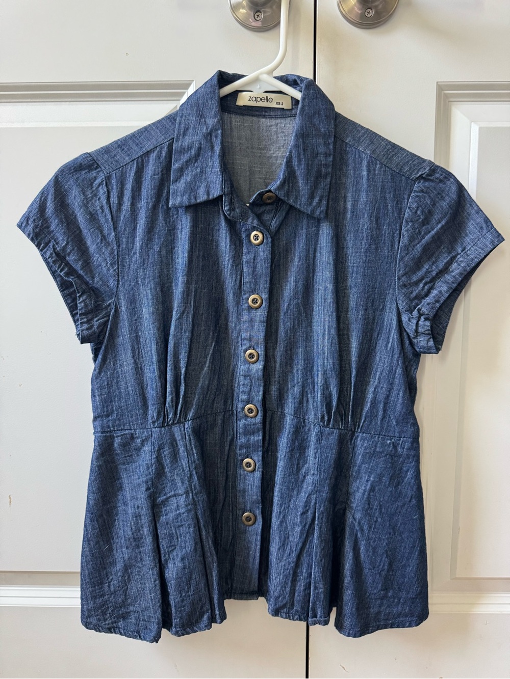 Zapelle XS denim peplum button down collared blouse shirt top